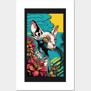 Sphynx Cat Vibrant Tropical Flower Tall Retro Vintage Digital Pop Art Portrait 2 Posters and Art